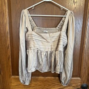 Abercrombie & Fitch Champagne Satin Pleated Square Neck Peplum Top Large L